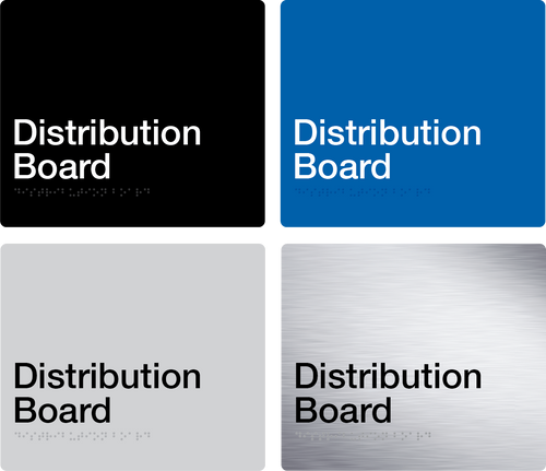 distribution board sign in black, blue, grey and stainless steel