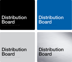 distribution board sign in black, blue, grey and stainless steel