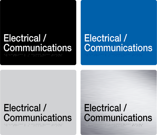 electrical/communications sign in black, blue, grey and stainless steel