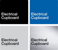 electrical cupboard sign in black, blue, grey and stainless steel