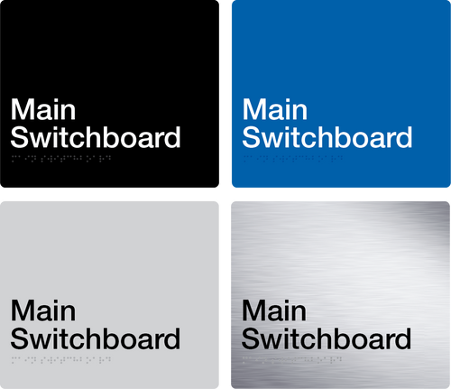main switchboard sign in black, blue, grey and stainless steel