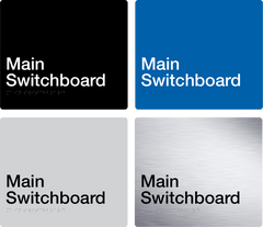 main switchboard sign in black, blue, grey and stainless steel