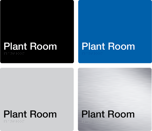 plant room sign in black, blue, grey, stainless steel