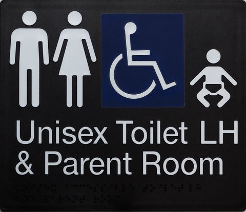 Unisex Toilet RH & Parent Room Sign Accessible blue 4 icons