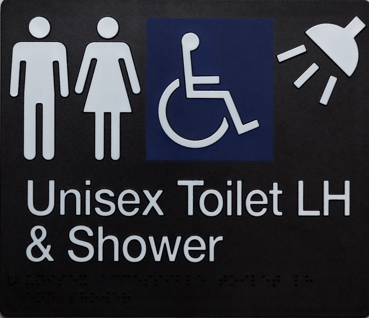 Unisex Toilet LH & Shower Sign (Black) Unisex Toilet LH & Shower Sign (Black)