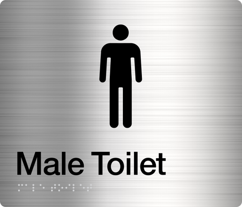 Stainless steel braille sign reading "male toilet" with a black male symbol