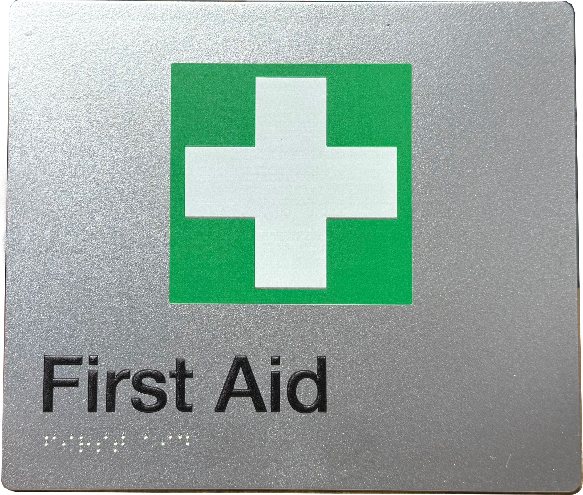 First Aid Sign - Silver with Green With White Cross