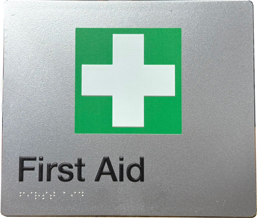 First Aid Sign - Silver with Green With White Cross
