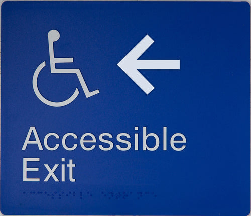 accessible exit left access sign blue