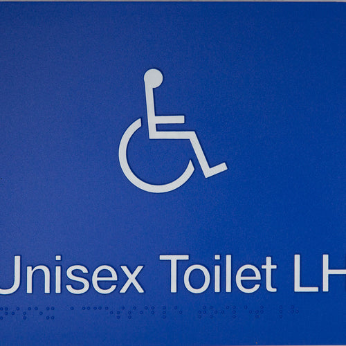 Unisex Toilet LH Sign (Blue) Wheelchair Icon - IMG 1