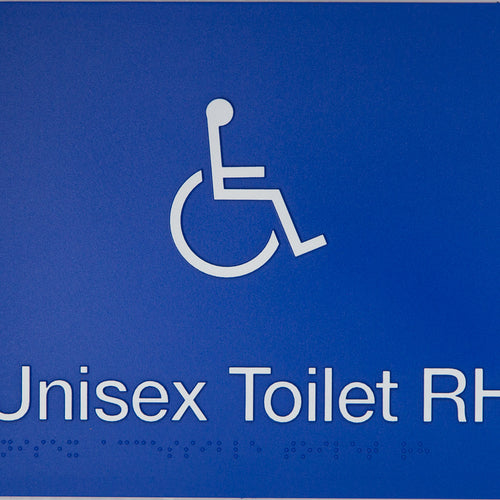 Unisex Toilet RH Sign (Blue) Wheelchair Icon - IMG 1