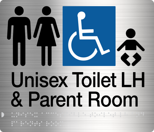 unisex toilet & parent room lh sign in stainless steel 