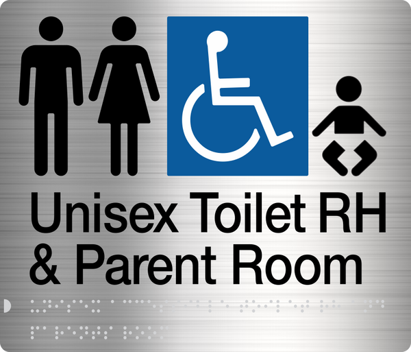 stainless steel unisex toilet RH & parent room sign