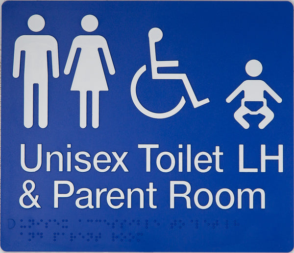 unisex toilet lh parent room sign in blue