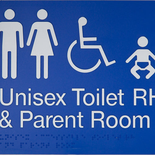 Unisex Toilet RH & Parent Room Sign Accessible blue 4 icons - IMG 1
