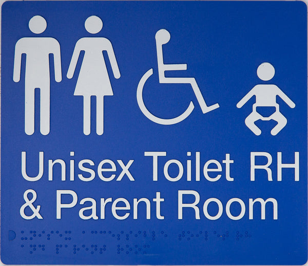 blue unisex toilet rh & parent room sign