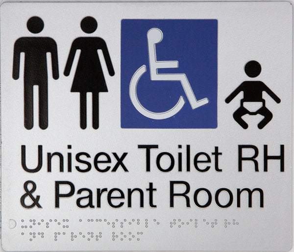 silver unisex toilet rh & parent room sign