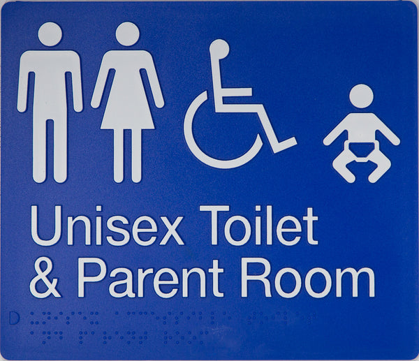 blue unisex toilet & parent room sign