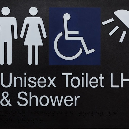 Unisex Toilet LH & Shower Sign (Black) - IMG 1