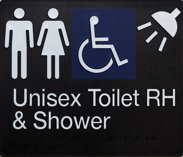 unisex toilet rh & shower sign in black