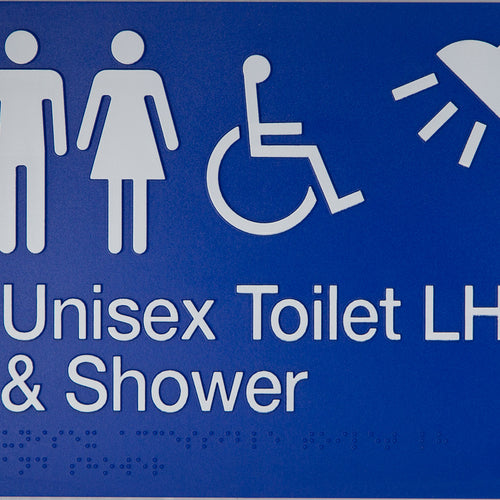 Unisex Toilet LH & Shower Sign (Blue/White) - IMG 1