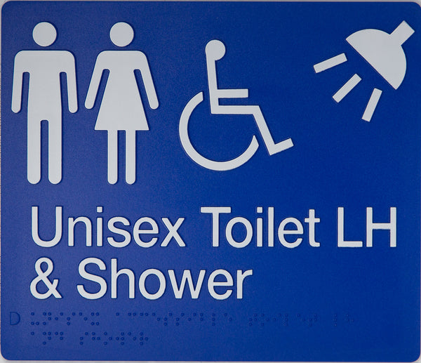blue unisex toilet left hand & shower sign