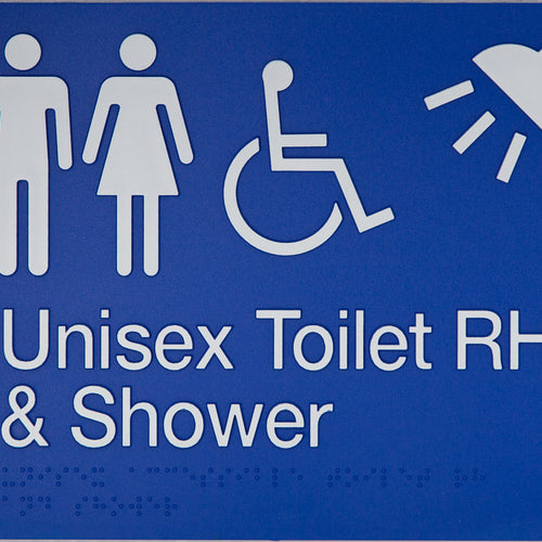 Unisex Toilet RH & Shower Sign (Blue/White) - IMG 1
