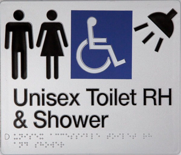 silver unisex toilet rh & shower sign